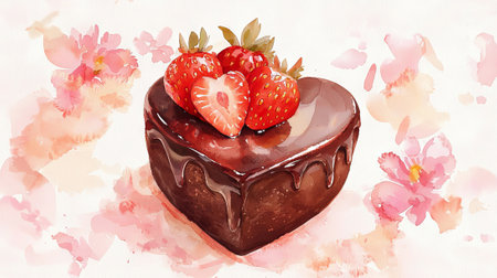 Watercolor Art of Heart-Shaped Chocolate Cake Adorned with Fresh Strawberries. Concept of Sweet...