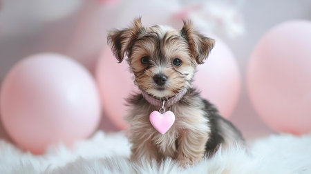 Adorable Small Puppy with Heart-Shaped Tag, Surrounded by Soft Pink Balloons and Fluffy White Rug. Concept of Love, Cuteness, and Celebratory Moments. Copy space.の写真素材