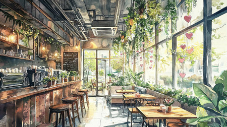 Watercolor Art of a Sustainable Modern Cafe with Hanging Plants and Natural Light. Concept of...