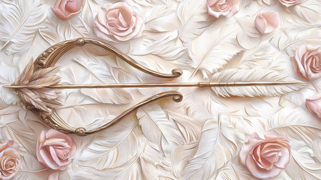 Elegant Watercolor Art of Cupid's Bow and Arrow Amidst Roses and Feathers. Concept of Romance and...