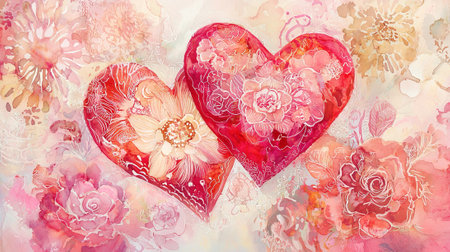 Romantic Watercolor Art of Two Intertwined Hearts Surrounded by Floral Patterns. Concept of Love and Harmony, Perfect for Valentine's Day.の写真素材