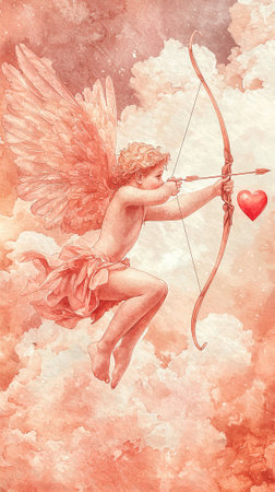 Watercolor Art of Cupid with Bow and Heart in the Clouds. Concept of Love, Romance, Mythology, and...