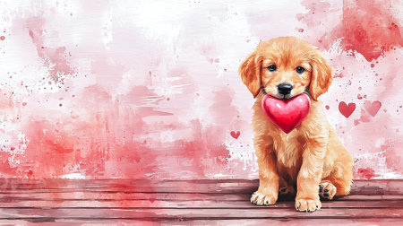 Adorable Golden Retriever Puppy Holding a Heart on Wooden Floor Watercolor Art. Concept of Love, Friendship, Canine Companionship, and Valentine's Day. Copy space.の写真素材