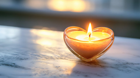 Heart-Shaped Candle Burning on White Marble Surface, Capturing Concepts of Romance, Calmness, Warmth, and Serenity in a Cozy Atmosphere. Valentine's Day. Copy space.の写真素材