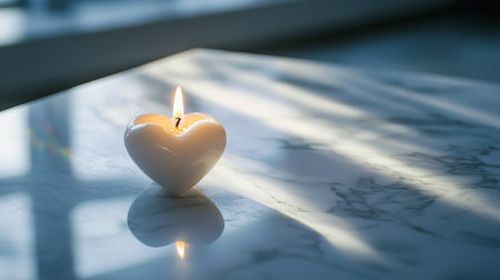 Heart-Shaped Candle Burning on White Marble Surface Concept of Romantic Ambiance, Warmth, Serenity, and Tranquility Indoors. Valentine's Day. Copy space.の写真素材