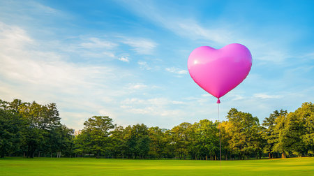 Pink Heart-Shaped Balloon Floating in a Clear Blue Sky Over a Green Park. Concept of Love, Celebration, Nature, and Serenity.. Valentine's Day.の写真素材