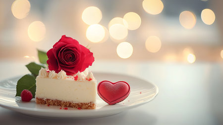Red Rose on Heart-Shaped Cake Next to Cheesecake: Concept of Romance, Sweet Desserts, Love-Themed Celebrations, and Elegant Dining. Valentine's Day. Copy space.の写真素材
