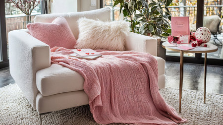 Cozy Living Room with White Loveseat and Pink Accents Modern Comfort and Elegant Home Decor with...
