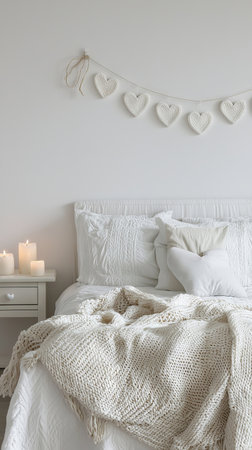 Tranquil Bedroom with Cozy Knitted Blankets, Neutral Decor, and Atmospheric Candles for Relaxation and Comfort. Valentine's Day.の写真素材