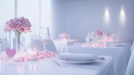 Elegant Minimalist Restaurant Setting with Soft Pink Rose Centerpieces and Candlelight Ambiance. Romantic Dining, Modern Elegance, Tranquil Dining Experience, and Luxury Decor. Valentine's Day.の写真素材