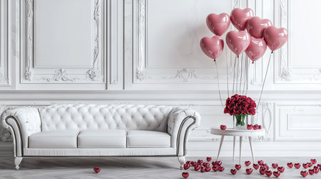 Elegant White Living Room with Heart-Shaped Balloons and Roses. Concept of Romance, Interior Design, Love, and Celebration. Valentine's Dayの写真素材