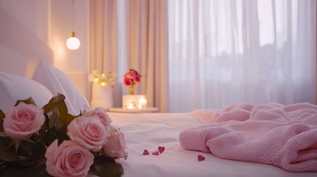 Cozy Romantic Bedroom with Roses Pink Blanket and Candles for Relaxation and Serenity. Valentine's Day.の写真素材