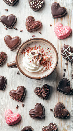 Steaming Cup of Hot Chocolate with Whipped Cream Surrounded by Heart-Shaped Chocolates. Concept of Winter Comfort, Sweet Indulgence, Pampering Treats. Valentine's Day.の写真素材