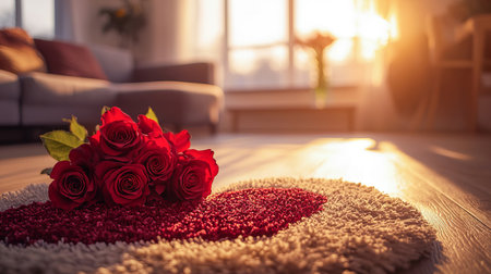 Minimalist Sunlit Living Room with Red Roses and Heart-Shaped Rug, Concept of Romance, Valentines Day Decor, Cozy Interior Design, Warm Atmosphere. Valentine's Day.の写真素材