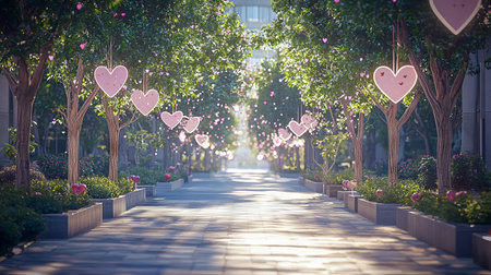 Serene City Boulevard Adorned with Pink and White Heart Decorations on a Sunny Day. Concept of Urban Romance, Tranquility, Beautiful Architecture, and Nature Harmony. Valentine's Day.の写真素材
