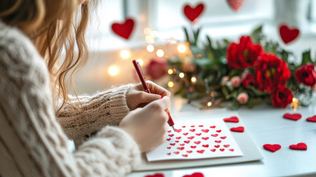 Woman Writing Valentine's Card Amidst Red Hearts and Roses, Embracing Romance and Creativity in a...