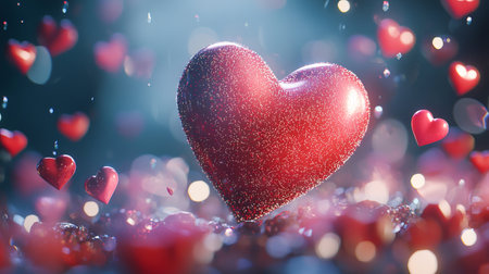 Abstract Composition of a Large Red Heart Surrounded by Small Hearts in a Dreamy Atmosphere. Concept...