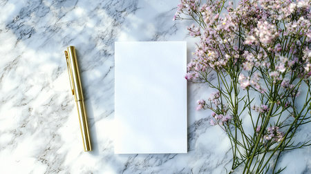 Blank Card with Elegant Gold Pen and Delicate Flowers on Marble Surface. Concept of Writing,...