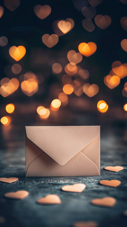 Romantic Greeting Card with Blank Envelope and Heart-Shaped Lights, Concept of Love, Celebration, and Warm Sentiments. Copy space.の写真素材