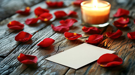 Blank White Card on Rustic Wooden Table with Candle and Red Rose Petals. Concept of Romance, Celebration, Love Notes, Warm Atmosphere.. Copy space.の写真素材