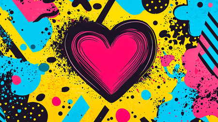 Vibrant Pop Art Illustration Featuring a Central Heart with Bright Colors and Abstract Shapes.