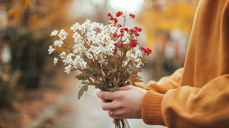 Man Holding a Bouquet of White and Red Flowers in Autumn. Concept of Romantic Gesture, Seasonal...