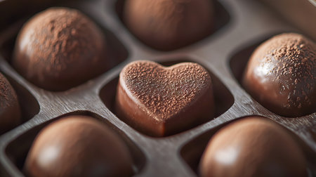 Close-up of Heart-Shaped Chocolate Truffle Among Round Chocolates in a Box Concept of Indulgence,...
