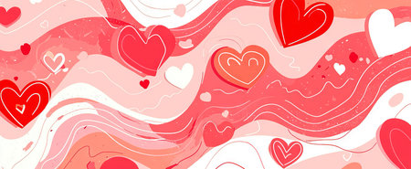 Abstract Valentine Art with Red and Pink Hearts on Wavy Background Concept of Love Celebration...