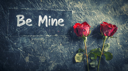 Vintage Art of Be Mine with Red Roses on Distressed Slate Surface. Concept of Romance, Love Messages, Floral Beauty, Valentine's Day.の写真素材