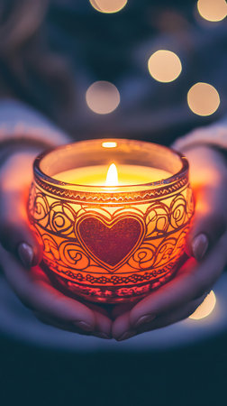 Warm Embrace of Candlelight Gently Held by Hands with Heart Motif. Concept of Comfort, Serenity, Love, and Peaceful Moments.の写真素材