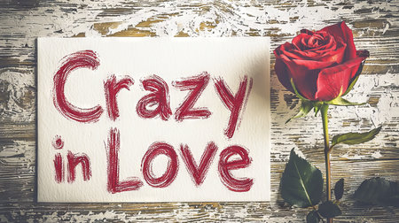 Romantic Handwritten Message Crazy in Love with Red Rose on Rustic Wooden Background. Concept of Romance, Love Expression, Rustic Charm, Valentine's Day.の写真素材