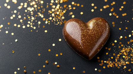 Shiny Chocolate Heart with Gold Glitter Confetti on Dark Background. Concept of Valentine's Romance, Sweet Treats, Confectionery Art, and Luxury Candy Delights.. Copy space.の写真素材
