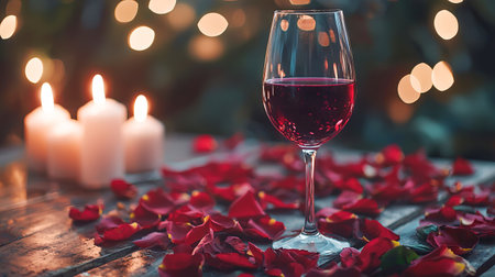 Romantic Candlelit Dinner with Red Wine Glass and Rose Petals. Concept of Intimate Celebration, Evening Elegance, Sensual Atmosphere.の写真素材