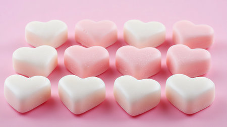 Minimalist Arrangement of Pink and White Heart-Shaped Sweets on a Soft Pastel Background. Concept of Valentine's Day, Romance, Sweetness, and Minimalist Design.の写真素材