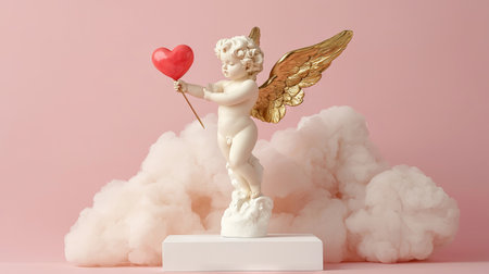 Small Cherub Statue with Golden Wings Holding a Heart Amidst Clouds. Concept of Love, Innocence,...