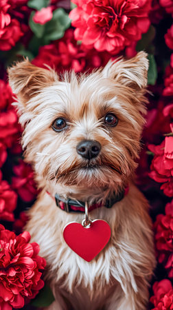 Adorable Small Dog with Heart-Shaped Tag Surrounded by Red Flowers. Concept of Pet Love, Canine Companionship, Loyalty, and Floral Beauty. Valentine's Day.の写真素材
