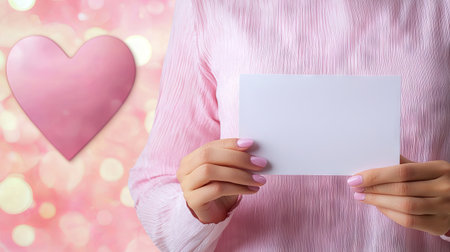 South Asian Woman in Pastel Outfit Holding Blank Card for Valentine's Day. Concept of Love, Romance, Festivity, Personal Expression. Copy space.の写真素材