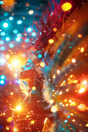 Close-Up of Samba Dancer in Carnival Attire with Sparkling Lights and Feathers. Concept of Festive Celebration, Culture, Joyful Expression, Colorful Traditions. Brazilian Carnival. Background. Vertical.の写真素材