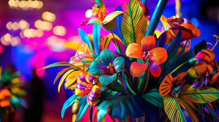 Vibrant Tropical Flowers in a Colorful Brazilian Carnival Setting Art. Concept of Festive Floral Arrangements, Exotic Blooms, Celebration Atmosphere, and Cultural Festivity.の写真素材