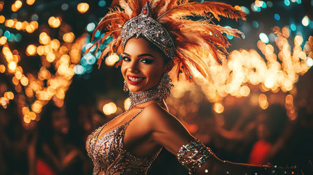 Joyful Brazilian Samba Dancer Celebrating Carnival at Night. Concept of Festive Culture, Vibrant...