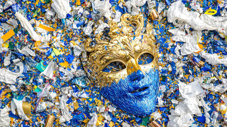Colorful Brazilian Carnival Mask Amidst Festive Confetti and Streamers. Concept of Cultural Celebration, Artistic Expression, Lively Atmosphere, and Traditional Festivities.. Copy space.の写真素材