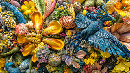Colorful Floral and Bird Art from Brazilian Carnival Float, Showcasing Vibrant Nature and Festive...
