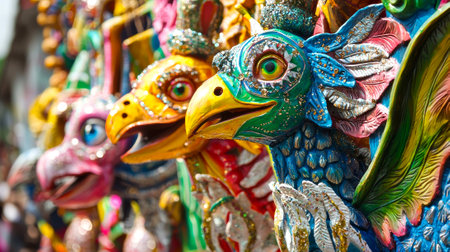 Vibrant Close-Up of Brazilian Carnival Float Featuring Colorful Bird Costumes. Concept of Cultural Celebration, Festive Decor, Creative Art, and Brazilian Tradition.の写真素材