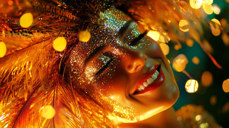 Joyful Brazilian Woman Celebrating Carnival Close Up in Festive Samba Attire. Concept of Cultural...
