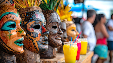 Close-Up of Colorful Carnival Masks and Refreshing Drinks at Brazilian Festival Exudes Vibrant...