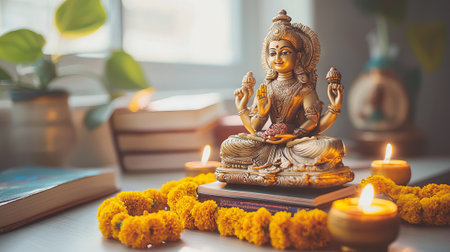 Elegant Indian Basant Panchami Worship Scene with Goddess Saraswati Statue, Marigold Garlands, Books, and Candlelight - Spirituality, Tradition, Festival, Devotion. Copy space.の写真素材