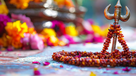 Vibrant Hindu Maha Shivaratri Celebration with Rudraksha Mala and Trident Symbolizing Spiritual Devotion and Festivity. Copy space.の写真素材
