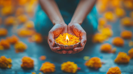 Close-Up of Woman's Hands with Henna Holding Oil Lamp on Maha Shivaratri. Concept of Indian Traditions, Spiritual Rituals, Festival Celebrations, and Cultural Symbolism.の写真素材