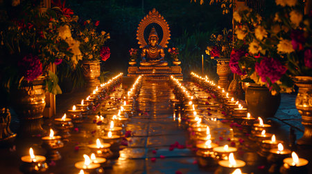 Maha Shivaratri Celebration with Buddha Statue Surrounded by Vibrant Flowers and Candlelit Pathway Reflecting Indian Spiritual Traditions and Serenity.の写真素材