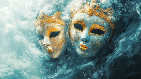 Intricate Watercolor Art of Ornate Venetian Masks Floating in Soft Blue Tones Concept of Elegance Mystery and Cultural Heritage. Venetian Carnival.の写真素材